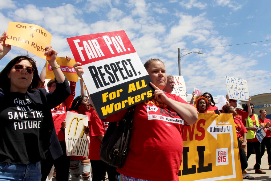 Fast food workers demonstrate for higher pay in Des Moines on May 23, 2019.