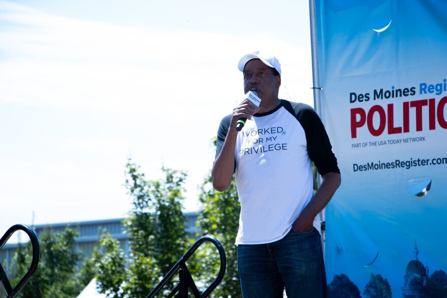 Larry Elder speaks Friday at the Des Moines Register's soapbox stage at the Iowa State Fair.