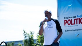 Larry Elder speaks Friday at the Des Moines Register's soapbox stage at the Iowa State Fair.