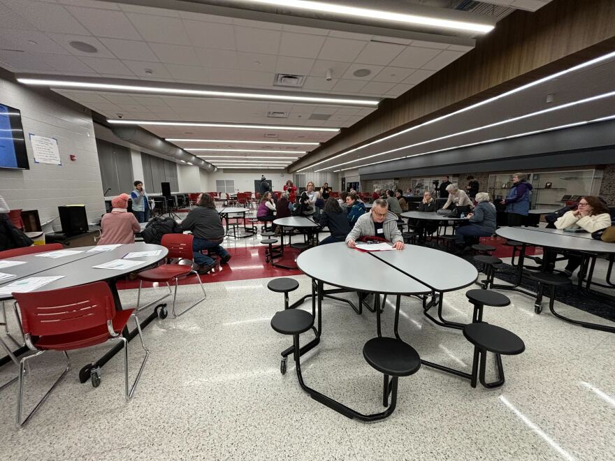 Democrats gather at the Iowa City High School to discuss party business on caucus night 2024.