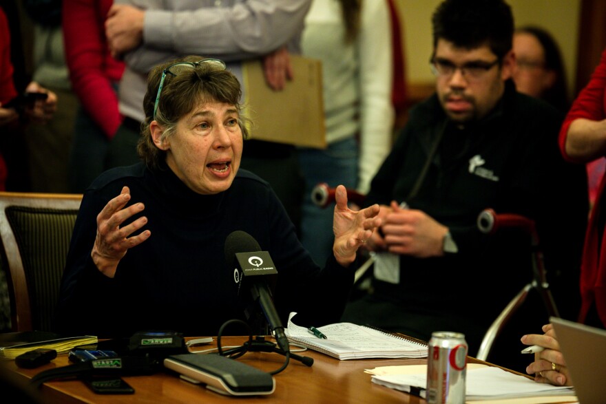 Suzanne Castello of Kellogg testifies in a Senate subcommittee in opposition to Gov. Kim Reynolds’ plan to overhaul the AEA system.