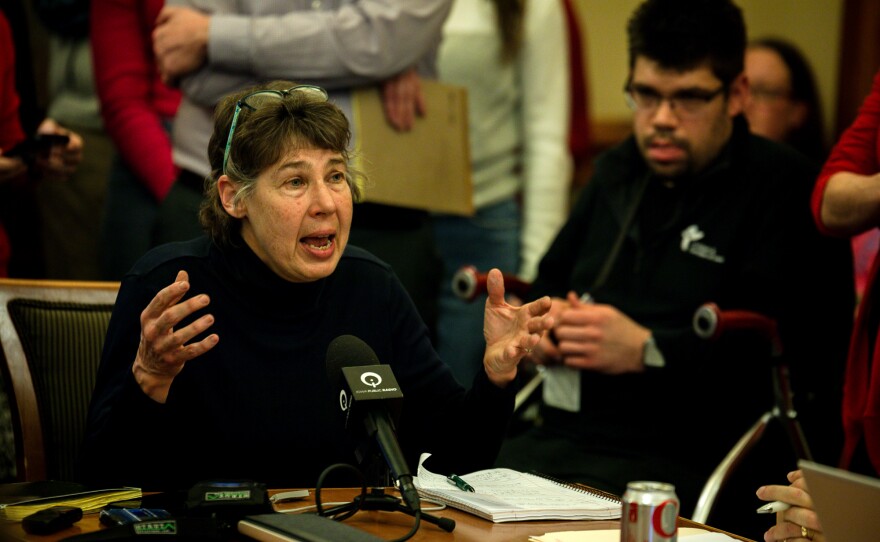 Suzanne Castello of Kellogg testifies in a Senate subcommittee in opposition to Gov. Kim Reynolds’ plan to overhaul the AEA system.