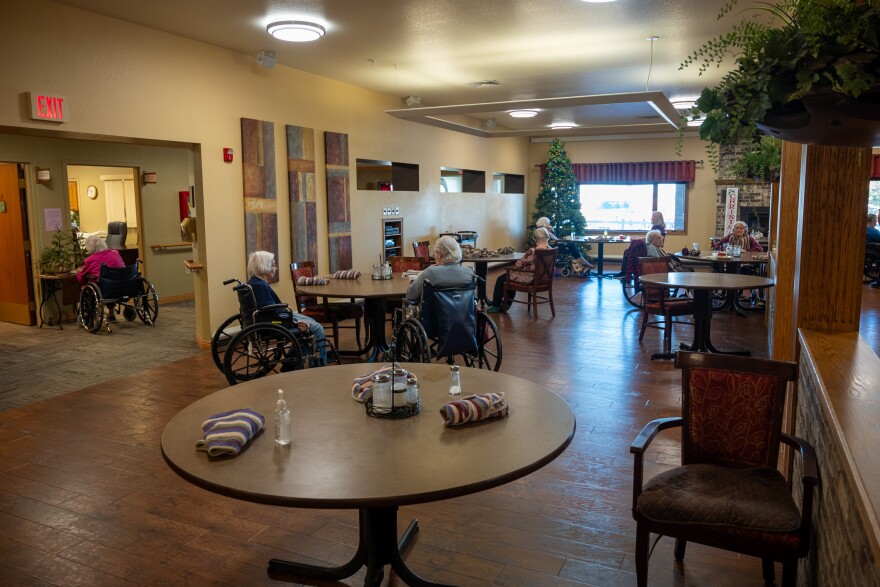  Residents of the Prairie View Nursing Home in Sanborn, Iowa, sit in the cafeteria after lunch.