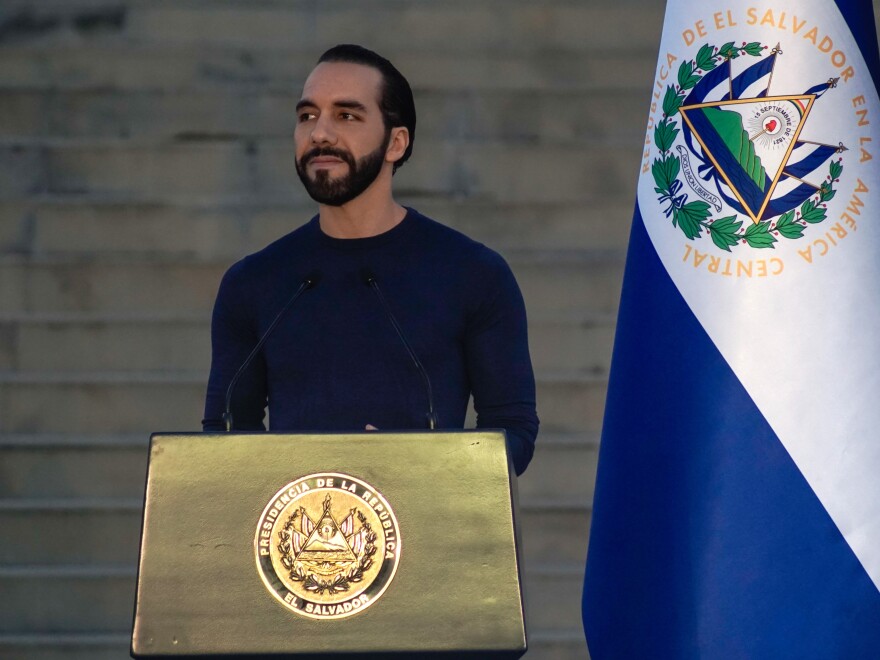 President Nayib Bukele speaks on Nov. 20, 2023, in La Libertad, El Salvador. Bukele is poised to be reelected in a landslide.