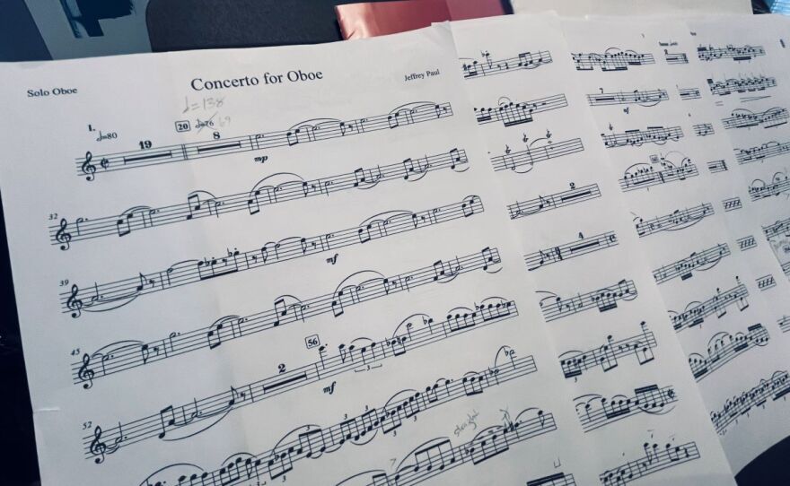 This is an image of sheet music on a music stand entitled "Concerto for Oboe"