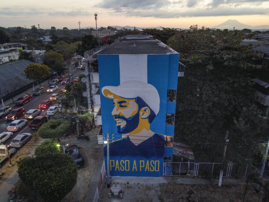 A mural depicts Salvadoran President Nayib Bukele at the Zacamil apartment complex  in Mejicanos, El Salvador, on Jan. 26.