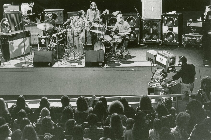 The Allman Brothers band perform in 1972 in front of a television audience. Chuck Leavell, keys, left; Jamoie Johanson, drums; Dickey Betts, lead and slide guitar; Berry Oakley, bass; Butch Trucks, drums and percussion.