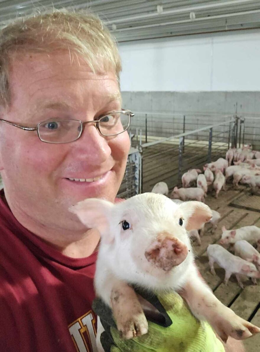 Hog producer Brad Lundell with a piglet. Lundell raises pigs on contract with a company; something about 70% of hog producers now do. "Since we are custom feeders, the price fluctuations don’t affect us directly. We just rent out our barns to our integrator and do the chores,” Lundell said.