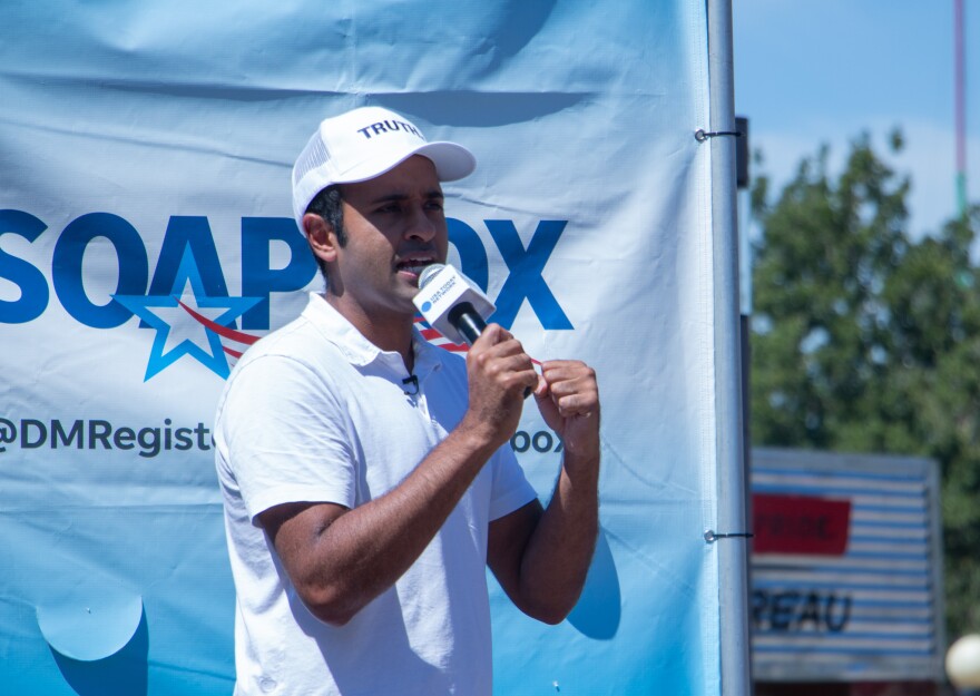 Vivek Ramaswamy speaks Saturday at the Iowa State Fair.