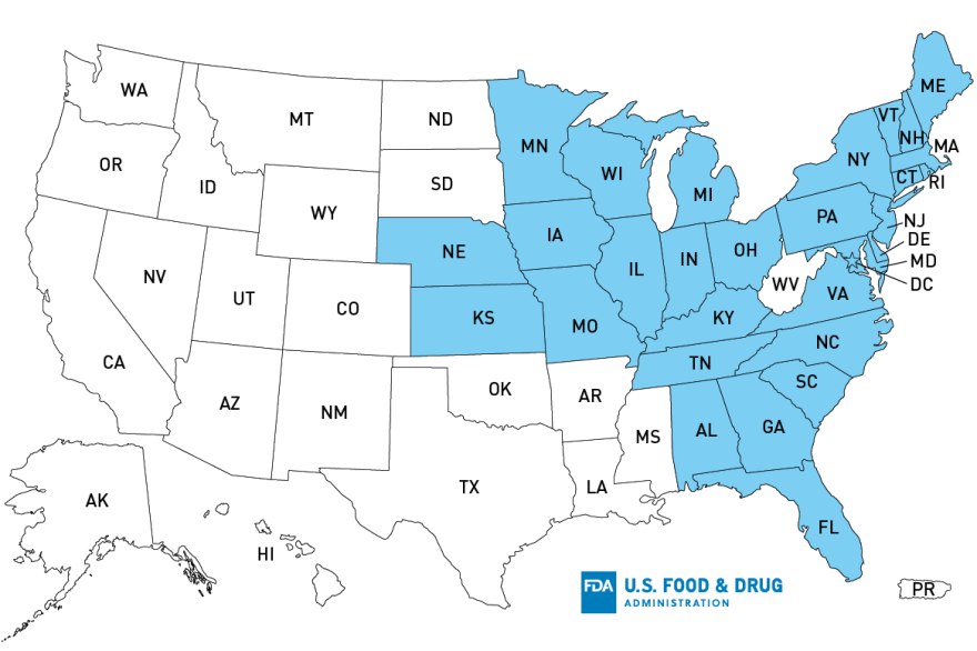 A U.S. map shows the states where the recalled Infinite Herd-brand organic basil was sold.