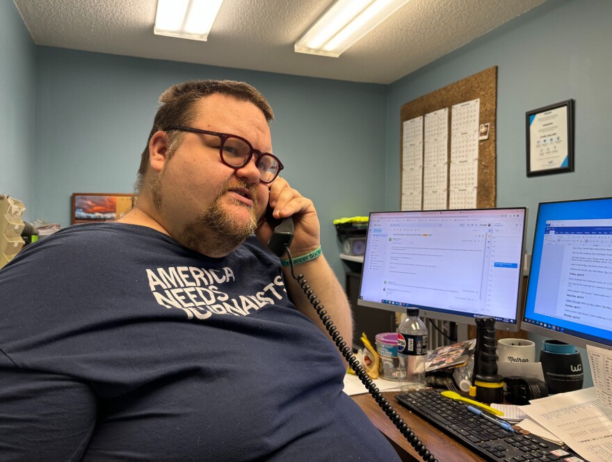 Reporter and editor Nathan Countryman at the Mount Vernon-Lisbon Sun offices in Mount Vernon, Iowa. He remembers a time when The Sun had several reporters.