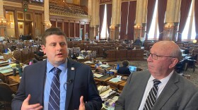  House Speaker Pat Grassley and Rep. David Kerr speak to reporters at the Iowa Capitol. 