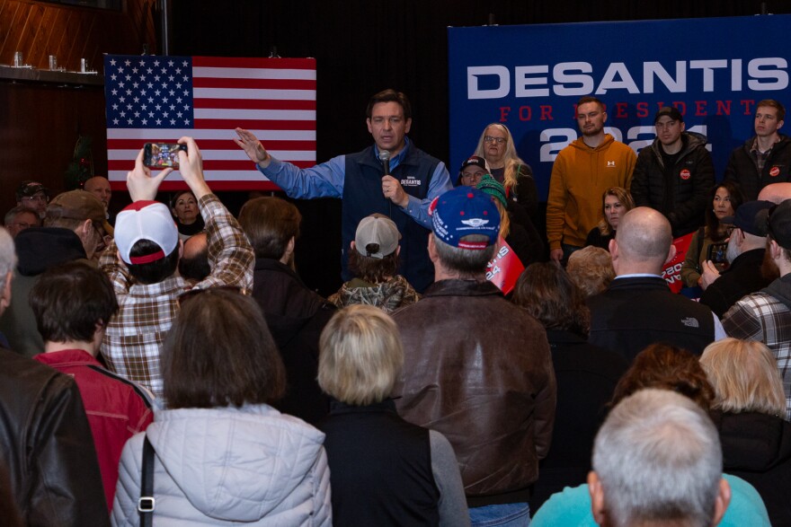 Florida Governor Ron DeSantis appears in Ames Iowa for a small gathering to rally for his presidential candidacy in the Iowa caucuses. 12/20/2023 Photo by John Pemble