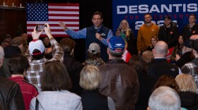 Florida Governor Ron DeSantis appears in Ames Iowa for a small gathering to rally for his presidential candidacy in the Iowa caucuses. 12/20/2023 Photo by John Pemble