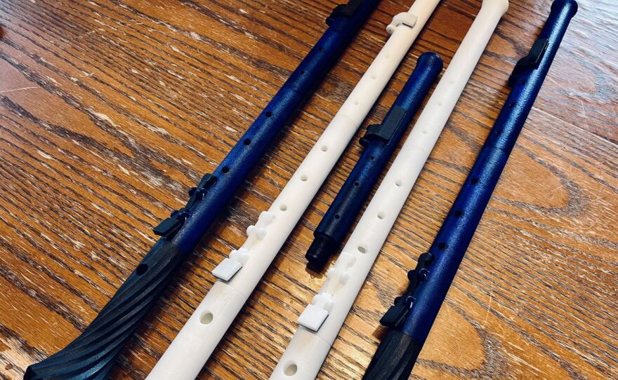 Picture of five prototypes created on a 3D printer by doctoral student Richardo Simian of Norway. Jeffrey Paul plans to continue working with Simian to perfect the right instrument for orchestral performances.