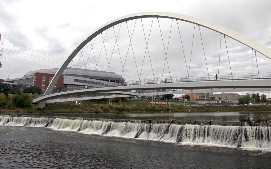 The Center Street Dam below the Iowa Women of Achievement Bridge in downtown Des Moines is one of three lowhead dams ICON plans to modify to make whitewater runs for paddlers on the Des Moines and Raccoon River.