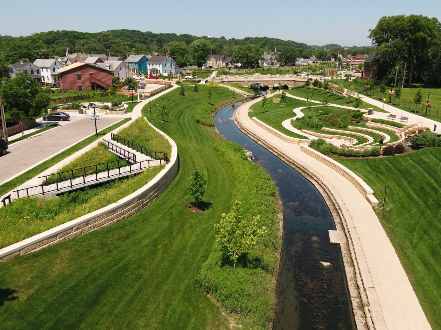  An aerial photo of the Bee Branch Creek in Dubuque, Iowa on June 28, 2018. The creek is the result of a project to convert a buried storm sewer into a linear park.