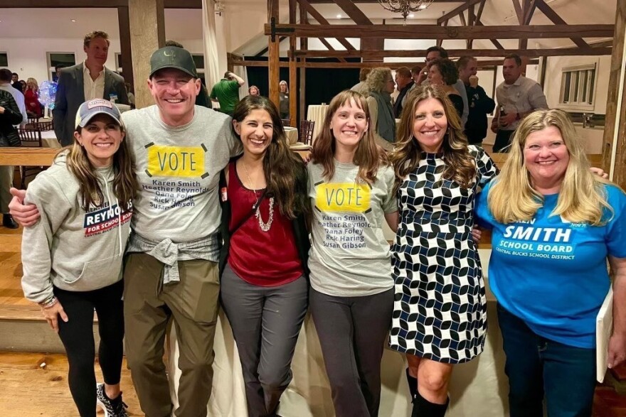 Five Democratic Central Bucks School District candidates pose with current school board member Mariam Mahmud at the Bucks County Democratic headquarters on election night. Pictured left to right: Heather Reynolds, Rick Haring, Mahmud, Susan Gibson, Dana Foley and Karen Smith.