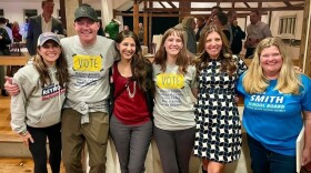 Five Democratic Central Bucks School District candidates pose with current school board member Mariam Mahmud at the Bucks County Democratic headquarters on election night. Pictured left to right: Heather Reynolds, Rick Haring, Mahmud, Susan Gibson, Dana Foley and Karen Smith.