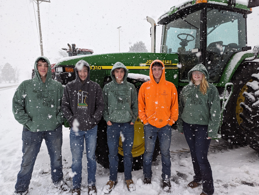 Winnebago High School students in northern Illinois braved a spring snowstorm to take part in "Drive Your Tractor to School Day" on March 22. They are (from left to right) Josh Cowman, Matthew Stahl, Mason Heslop, Jason Gates and Madi Palm-Graceffa.