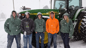 Winnebago High School students in northern Illinois braved a spring snowstorm to take part in "Drive Your Tractor to School Day." They are (from left to right) Josh Cowman, Matthew Stahl, Mason Heslop, Jason Gates and Madi Palm-Graceffa.