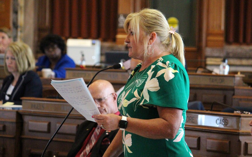 Rep. Shannon Lundgren, R-Peosta, argues in favor of banning abortions in Iowa after embryo cardiac activity is detected on the floor of the Iowa House on Tuesday, July 11, 2023.