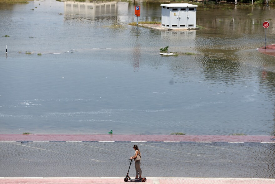 A flooded parking lot in Dubai on Thursday.