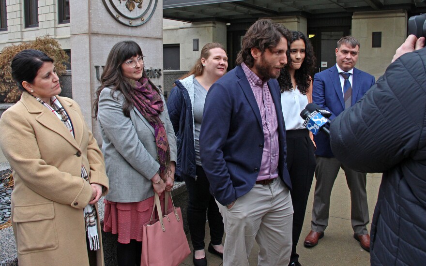 Dan Novack, an attorney for the publisher Penguin Random House, speaks with reporters after an injunction hearing against SF 496, an Iowa law that bans schools from having books in their libraries that include descriptions of sexual acts.