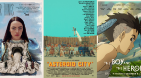 Three movie posters in a line. From left to right "Poor Things," "Asteroid City," and "The Boy and the Heron."