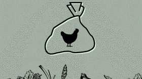 Graphic of a bag with a chicken over vegetables.