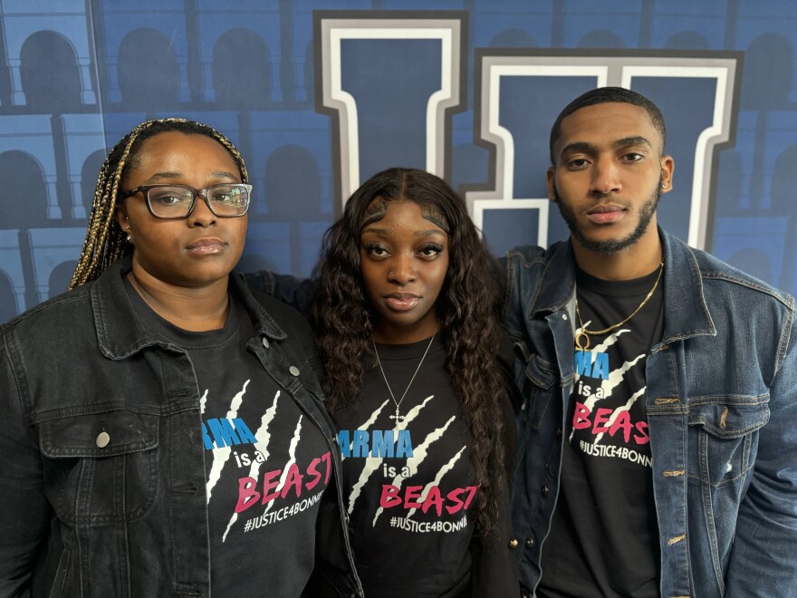 Student leaders Falon Ensley, Kenlyn Washington and Tyree Stovall stand together after presenting demands and questions to the Lincoln University Board of Curators on Feb. 8, 2024.