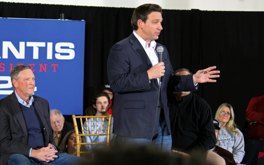 Florida Gov. Ron DeSantis speaks to supporters in Clive.