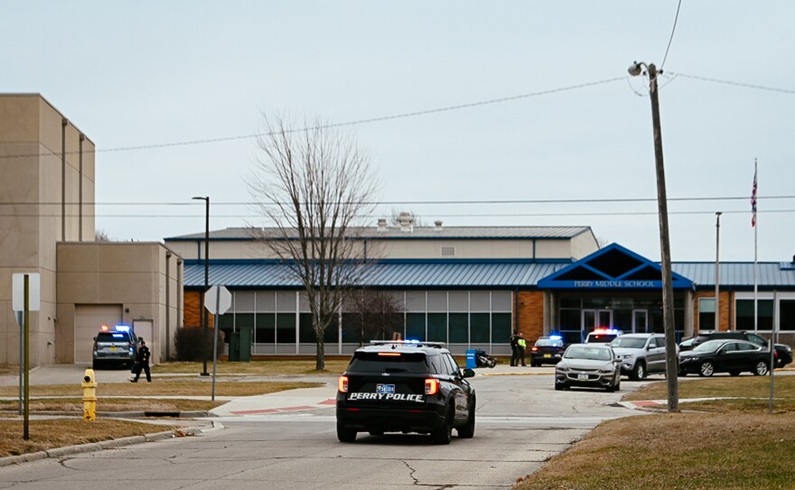 An enormous number of emergency vehicles surrounded the building that houses Perry's middle school and high school. Police said there was an active shooter situation on the morning of Thursday, Jan. 4, 2024.