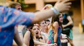 A group of children stand on a concert gate looking very excited about the band. 