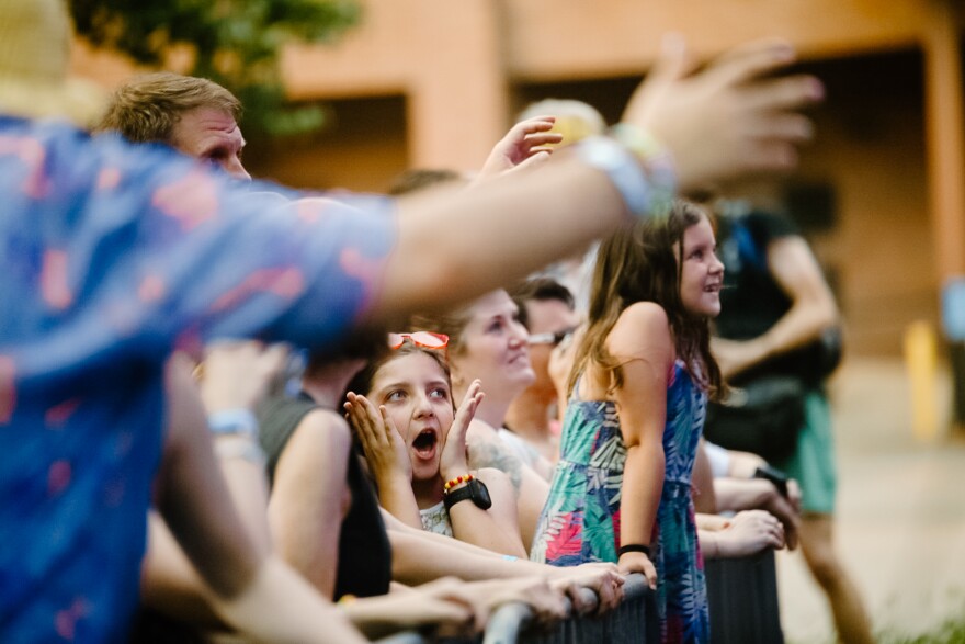 A group of children stand on a concert gate looking very excited about the band. 