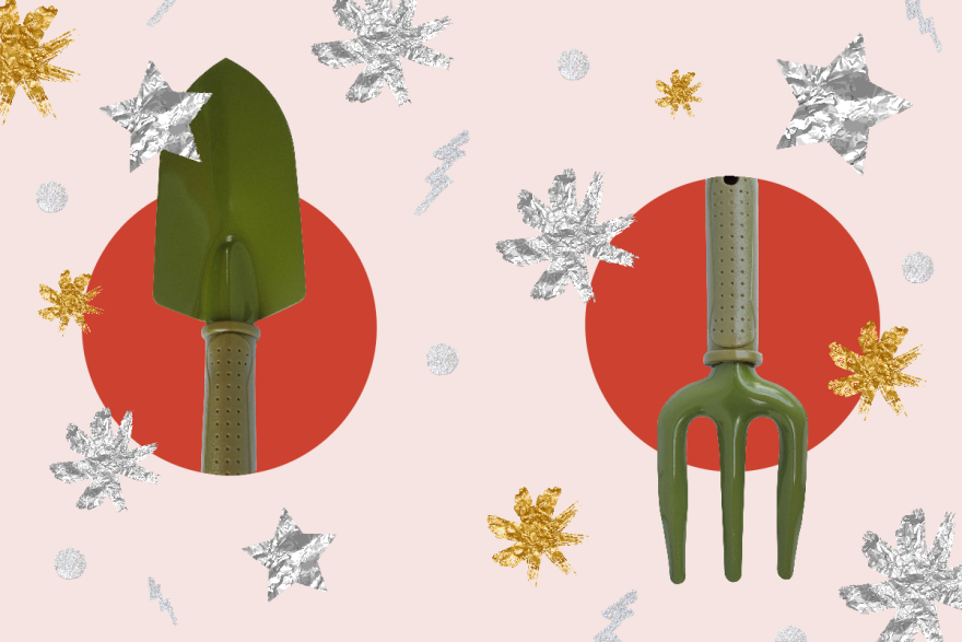 A gardening trowel and pick on a bright holiday graphic. 