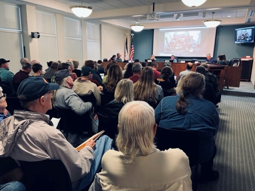 The Dickinson County Board of Adjustment held three nights of hearing at the courthouse in Spirit Lake before a vote on a wind farm project. Dozens showed up in person, while others watched the proceedings on a YouTube livestream.