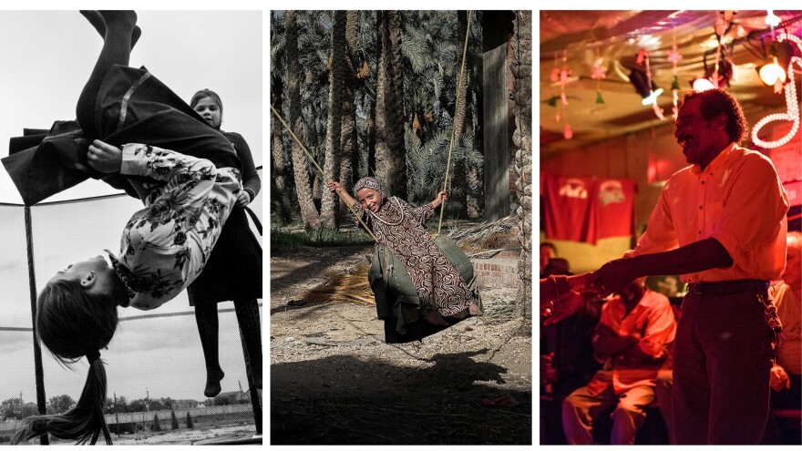 Left to right: Ukrainian girls on a trampoline; an Egyptian child on a swing; dancing to the blues in a Mississippi juke joint.