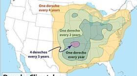 Where you're most likely to be in the path of a derecho, and how often.