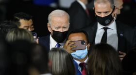  President Joe Biden poses for pictures after his infrastructure speech at the Kansas City Area Transit Authority on Wednesday.