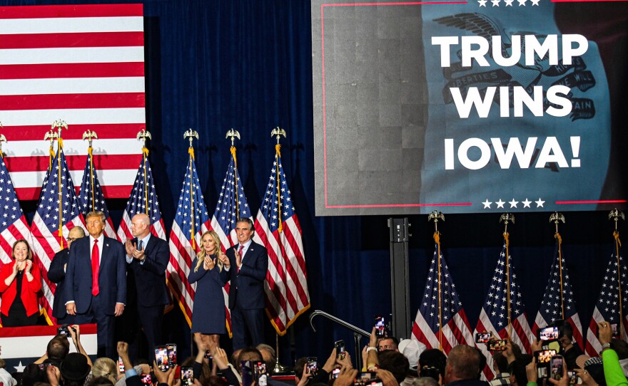 Trump addresses the crowd at his caucus watch party, Jan. 15, 2024.