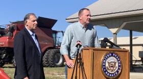 U.S. Sen. Eric Schmitt and Sen. John Boozman speak to reporters after a roundtable discussion over the farm bill in Columbia, MO on Oct. 20, 2023. Boozman said he would like to consider an extension to pass the farm, which currently has an end-of-year deadline.