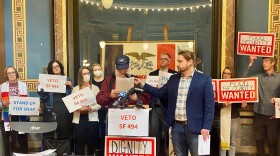 anti-hunger advocates speak at a news conference at the iowa capitol