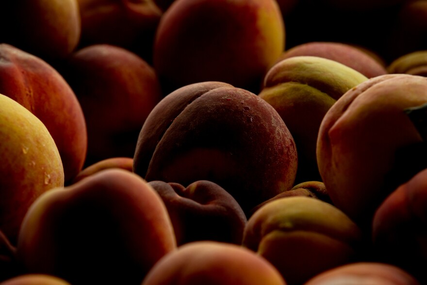 Sunlight falls on a bin of peaches on at Flamm Orchards. The peach crop in southern Illinois was affected by a freeze, while Georgia and South Carolina peaches were damaged by warm weather too early in the season.<br/>