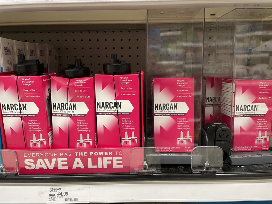 Boxes of Narcan, shown here, were stocked on a shelf at a Target in Southern Indiana in October. The products cost $45 and had anti-theft devices on them. Narcan can reverse an opioid overdose, and the medication recently became available for sale without a prescription.