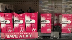 Boxes of Narcan, shown here, were stocked on a shelf at a Target in Southern Indiana in October. The products cost $45 and had anti-theft devices on them. Narcan can reverse an opioid overdose, and the medication recently became available for sale without a prescription.