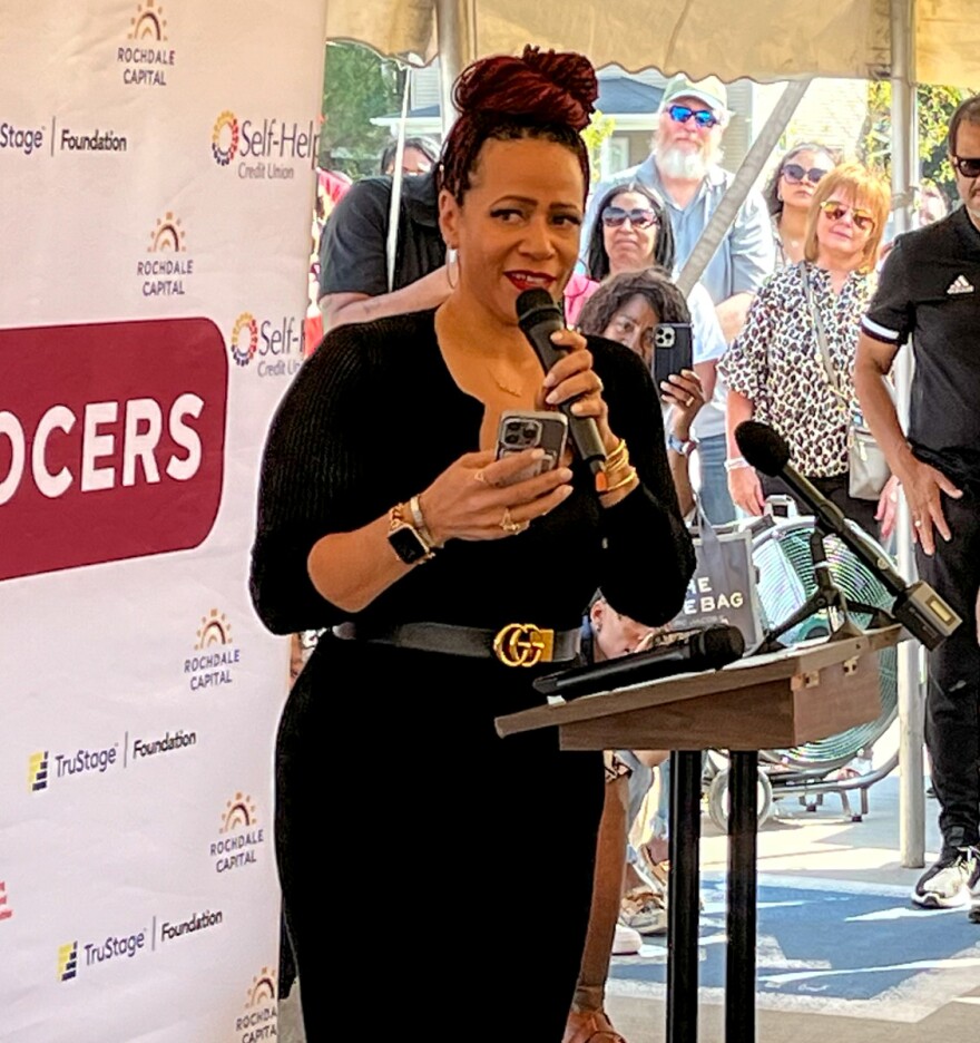 Pulitzer Prize winner Nikole Hannah-Jones speaks at the opening of Waterloo's All-In Grocers.