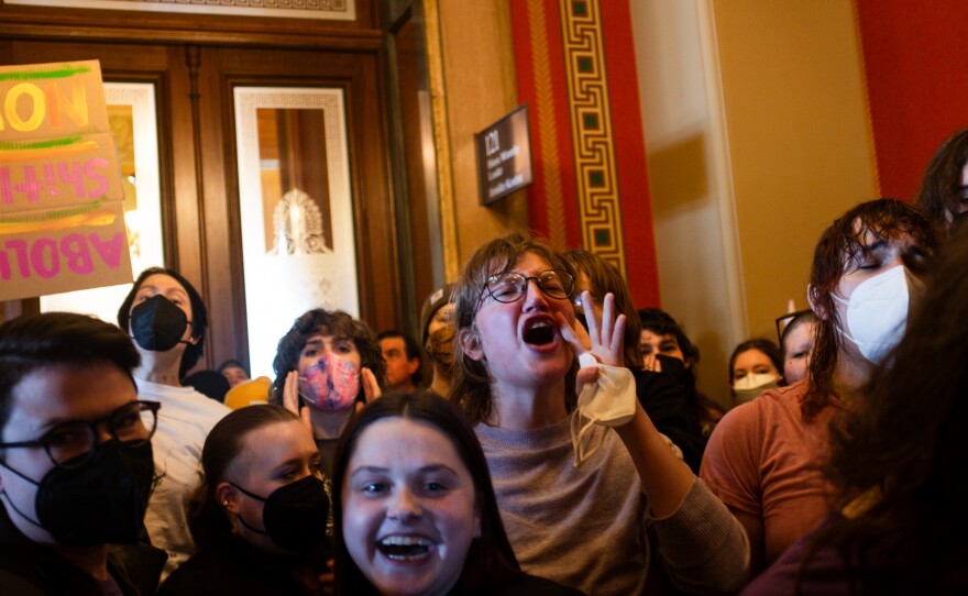 Hundreds of people came to the statehouse to oppose the bill and chanted “trans rights are human rights” outside the committee room.