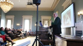 NPR Global Democracy Correspondent Frank Langfitt speaks to a crowd at the Old Capitol Museum on the University of Iowa campus.