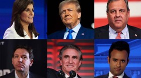 From left to right: former U.N. Ambassador Nikki Haley, former President Donald Trump, former New Jersey Gov. Chris Christie, Florida Gov. Ron DeSantis, North Dakota Gov. Doug Burgum and Vivek Ramaswamy. Republican candidates continue to be pressed on abortion rights on the campaign trail.